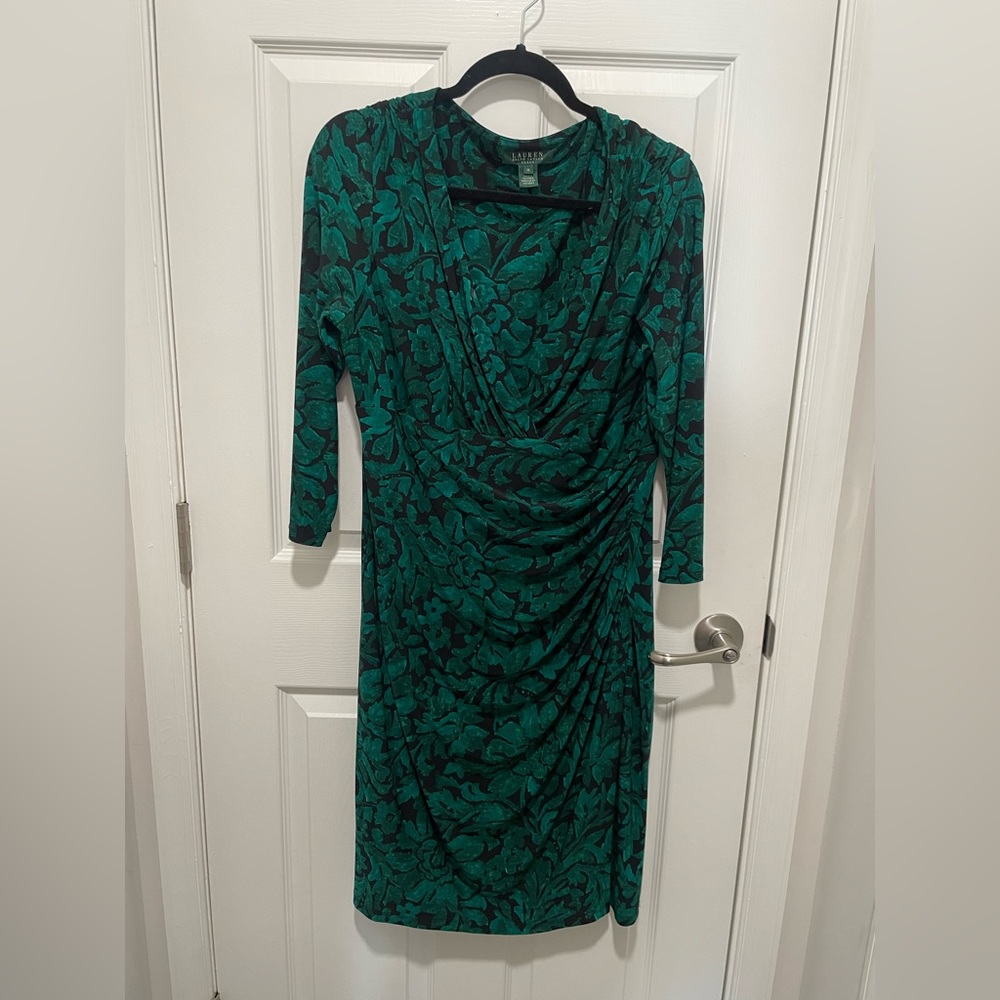 Lauren Ralph Lauren Emerald Green Floral Faux Wrap 3/4 Sleeve Dress size 16
